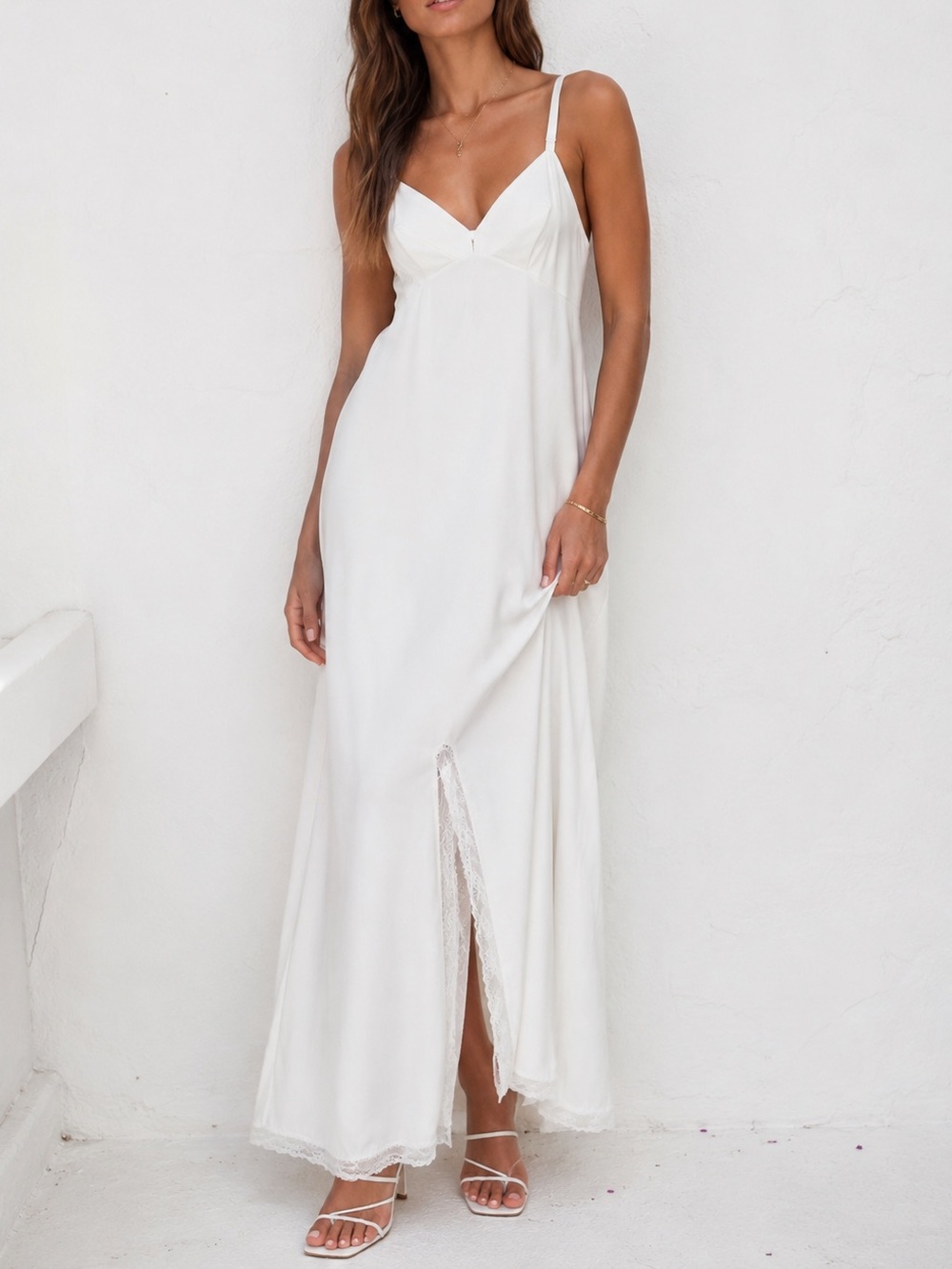Vintage Babydoll Slip Dress Lace Slit White - Picture 1 of 9